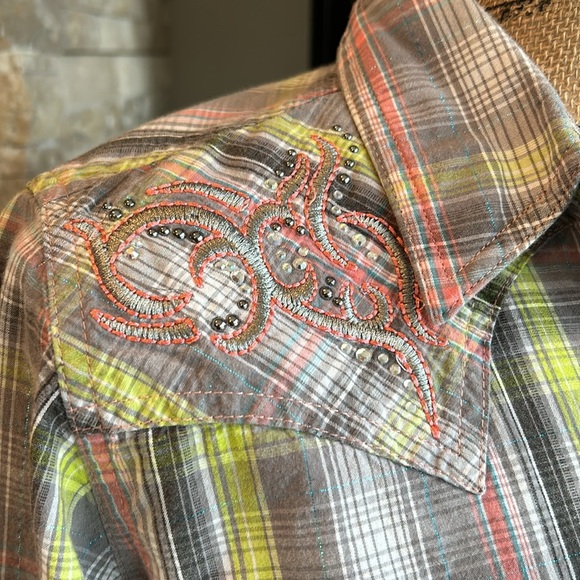 Wrangler Rock 47 snap western shirt steer yoke gray plaid bedazzle shoulder back - Picture 3 of 16